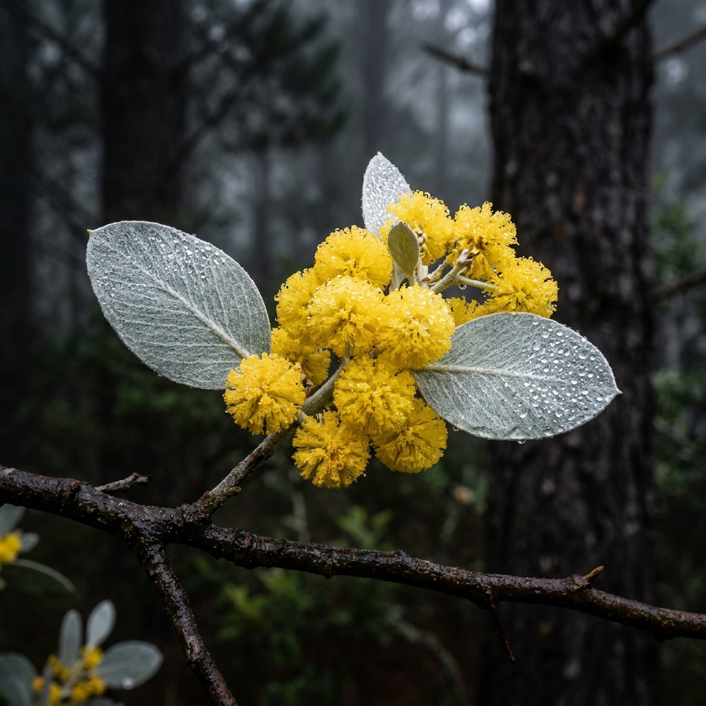 Nhánh Mimosa Đà Lạt Acacia podalyriifolia với hoa vàng và phiến lá bạc trong sương sớm.